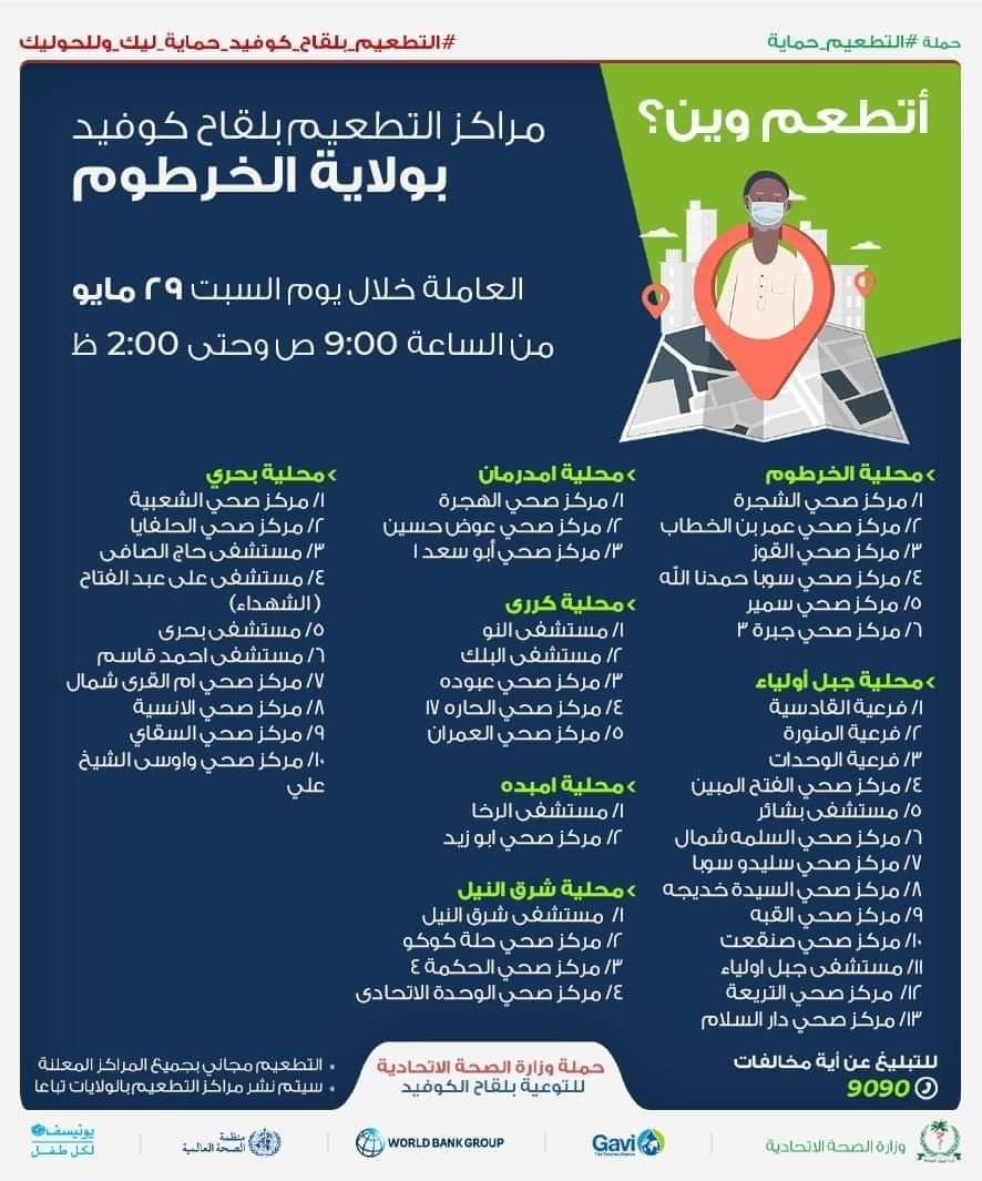 تعرف على مراكز التطعيم بلقاح كوفيد 19 في ولاية الخرطوم اليوم السبت 29 مايو 2021م 14 FB IMG 1622271619882