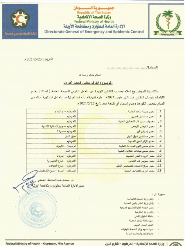 عاجل .. " الصحة" تسحب اعتماد هذه المعامل من فحص كورونا 14 IMG 20210523 WA0017