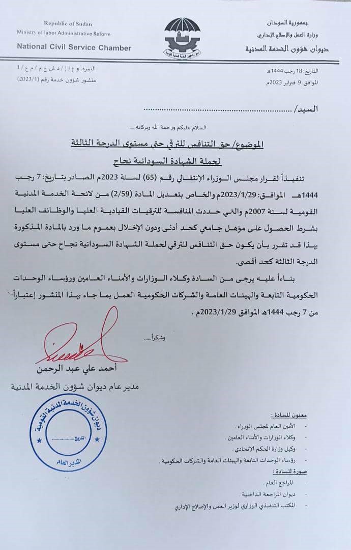 قرار ديوان الخدمة الخاص بحملة الشهادة السودانية