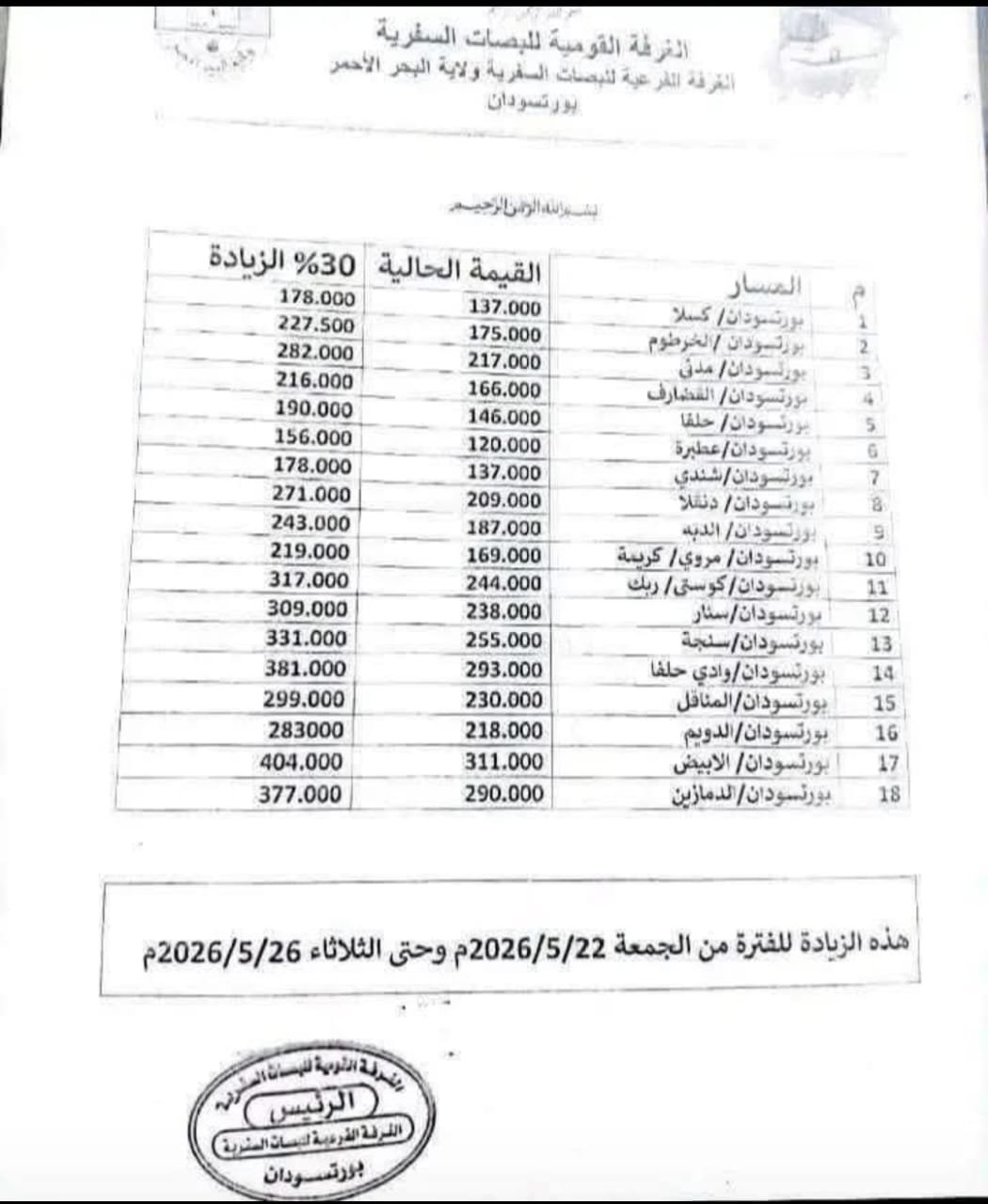 غرفة البصات تعلن عن زيادة في أسعار تذاكر بورتسودان وتبرر 11 IMG 20260521 WA0019