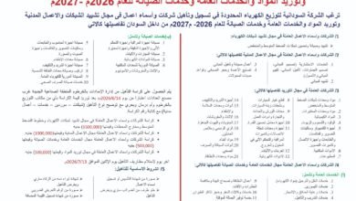 إعلان: تأهيل شركات وأسماء أعمال في مجال تشييد الشبكات والأعمال المدنية وتوريد المواد والخدمات العامة وخدمات الصيانة لعام 2026 - 2027 م